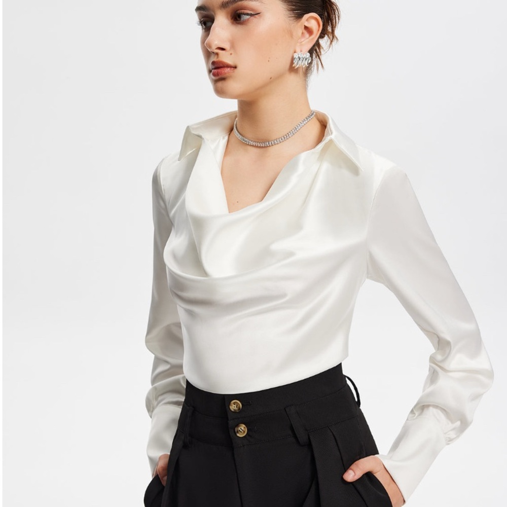 Commense White Draped Long Sleeve Blouse